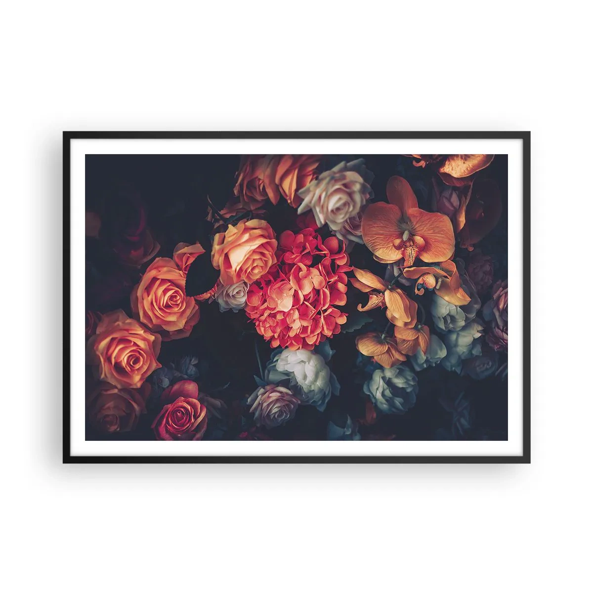 Poster in cornice nera - Un mazzo di fiori vari in toni scuri - 100x70cm - Come i maestri olandesi - Decorazione murale moderna per soggiorno e camera da letto ARTTOR