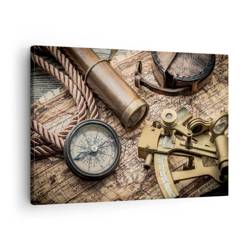 Quadro su tela - Stampe su Tela - Una bussola, un sestante e un telescopio sullo sfondo di una vecchia mappa e di una corda nautica. - 70x50cm - Traccia la rotta - Decorazione murale moderna per soggiorno e camera da letto ARTTOR