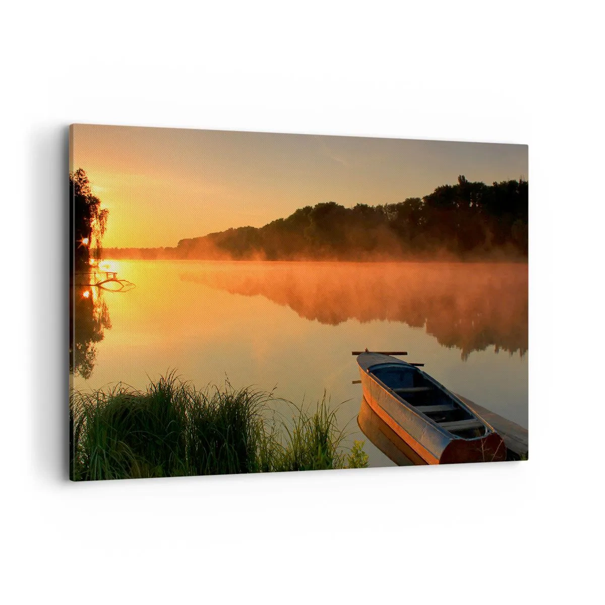 Quadro su tela - Stampe su Tela - Nebbia mattutina sul fiume con una barca sotto i raggi del sole - 100x70cm - Alba sull'acqua, come uno specchio - Decorazione murale moderna per soggiorno e camera da letto ARTTOR