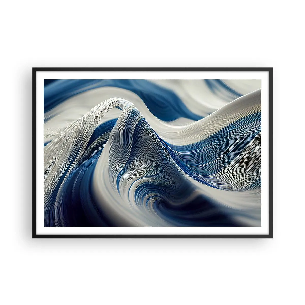 Poster in cornice nera - Onde astratte nei toni del blu e del bianco - 100x70cm - Fluidità di blu e di bianco - Decorazione murale moderna per soggiorno e camera da letto ARTTOR