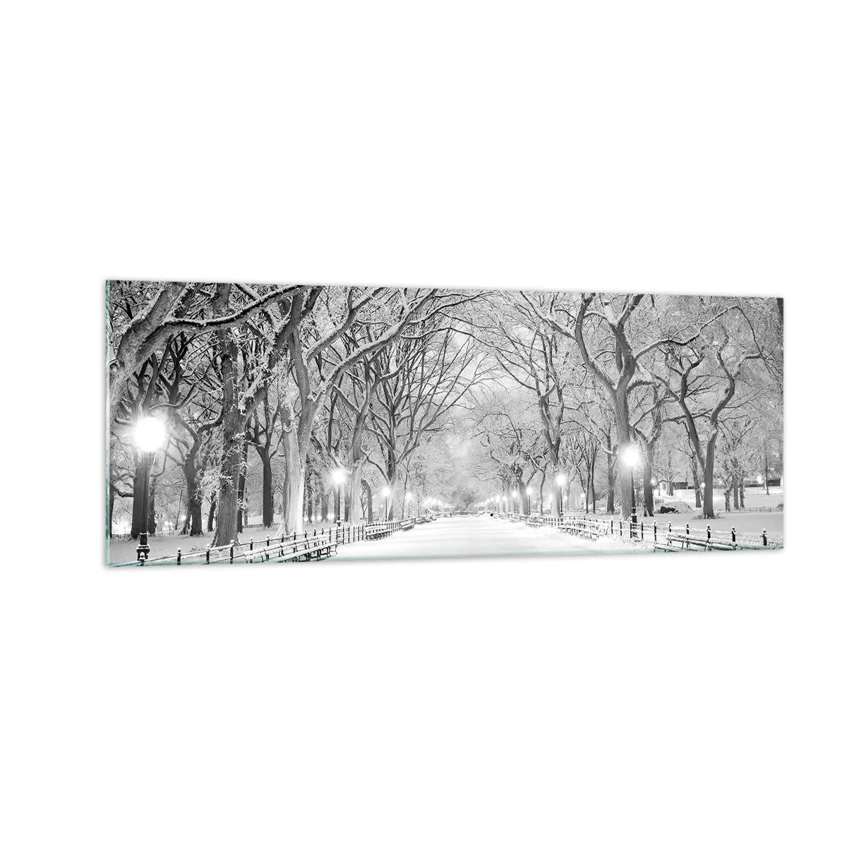 Quadro su vetro - Un vicolo invernale con alberi innevati in bianco e nero - 140x50cm - Quattro stagioni: l'inverno - Decorazione murale moderna per soggiorno e camera da letto ARTTOR