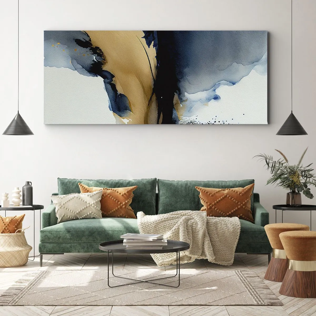 Quadro su tela - Stampe su Tela - Una composizione astratta nei toni del blu navy e dell'oro - 120x50cm - Dietro la cortina - Decorazione murale moderna per soggiorno e camera da letto ARTTOR