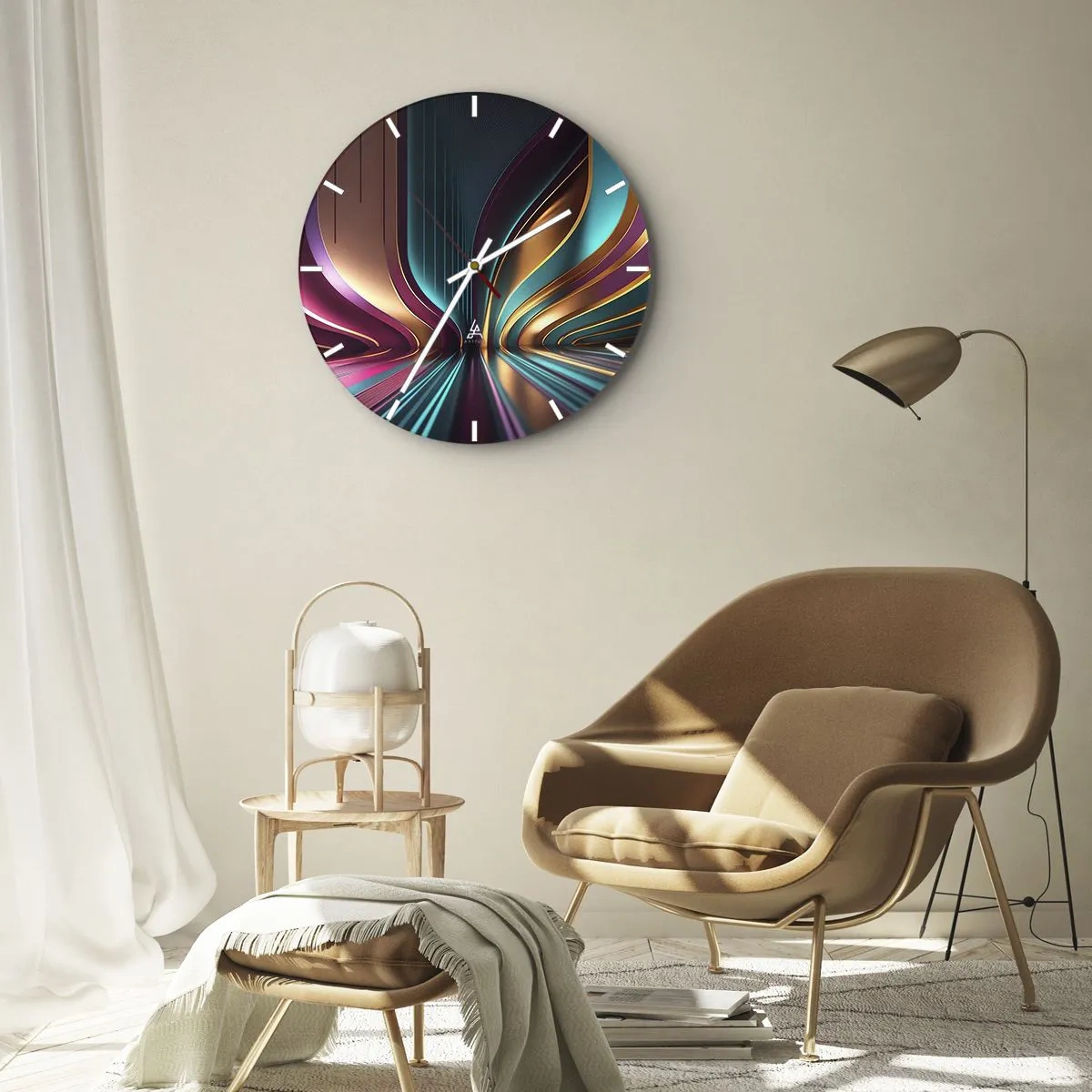 Orologio da parete - Orologio in Vetro - Linee luminose futuristiche in oro, turchese e viola - 30x30cm - Architettura di luce - Decorazione murale moderna per soggiorno, cucina e camera da letto ARTTOR
