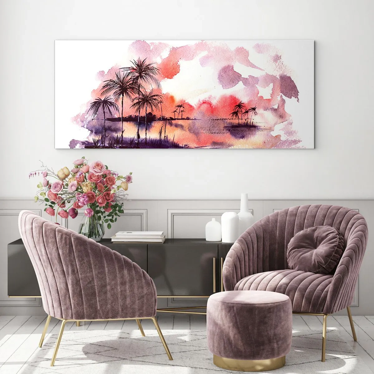 Quadro su vetro - Paesaggio tropicale con palme al tramonto in acquerello - 160x50cm - Pace dei tropici in rosso - Decorazione murale moderna per soggiorno e camera da letto ARTTOR
