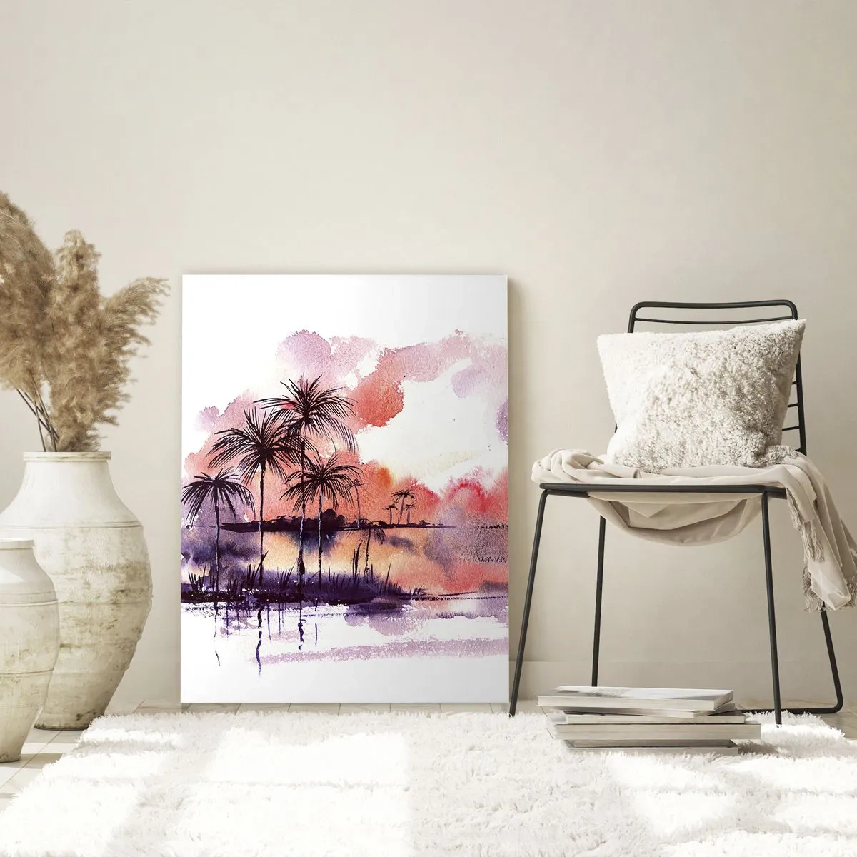 Quadro su vetro - Paesaggio tropicale con palme al tramonto in acquerello - 70x100cm - Pace dei tropici in rosso - Decorazione murale moderna per soggiorno e camera da letto ARTTOR