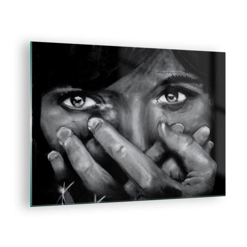 Quadro su vetro - Un ritratto in bianco e nero dallo sguardo emotivo - 70x50cm - Non dico chi l'ha dipinto - Decorazione murale moderna per soggiorno e camera da letto ARTTOR