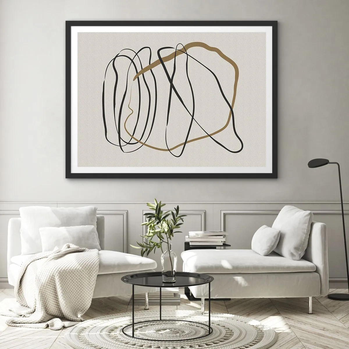 Poster in cornice nera - Linee artistiche in nero e oro su uno sfondo chiaro - 70x50cm - Composizione: danza intricata - Decorazione murale moderna per soggiorno e camera da letto ARTTOR