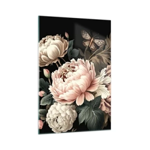 Quadro su vetro - Un bouquet di fiori rosa e farfalle su uno sfondo nero - 70x100cm - In stile barocco - Decorazione murale moderna per soggiorno e camera da letto ARTTOR