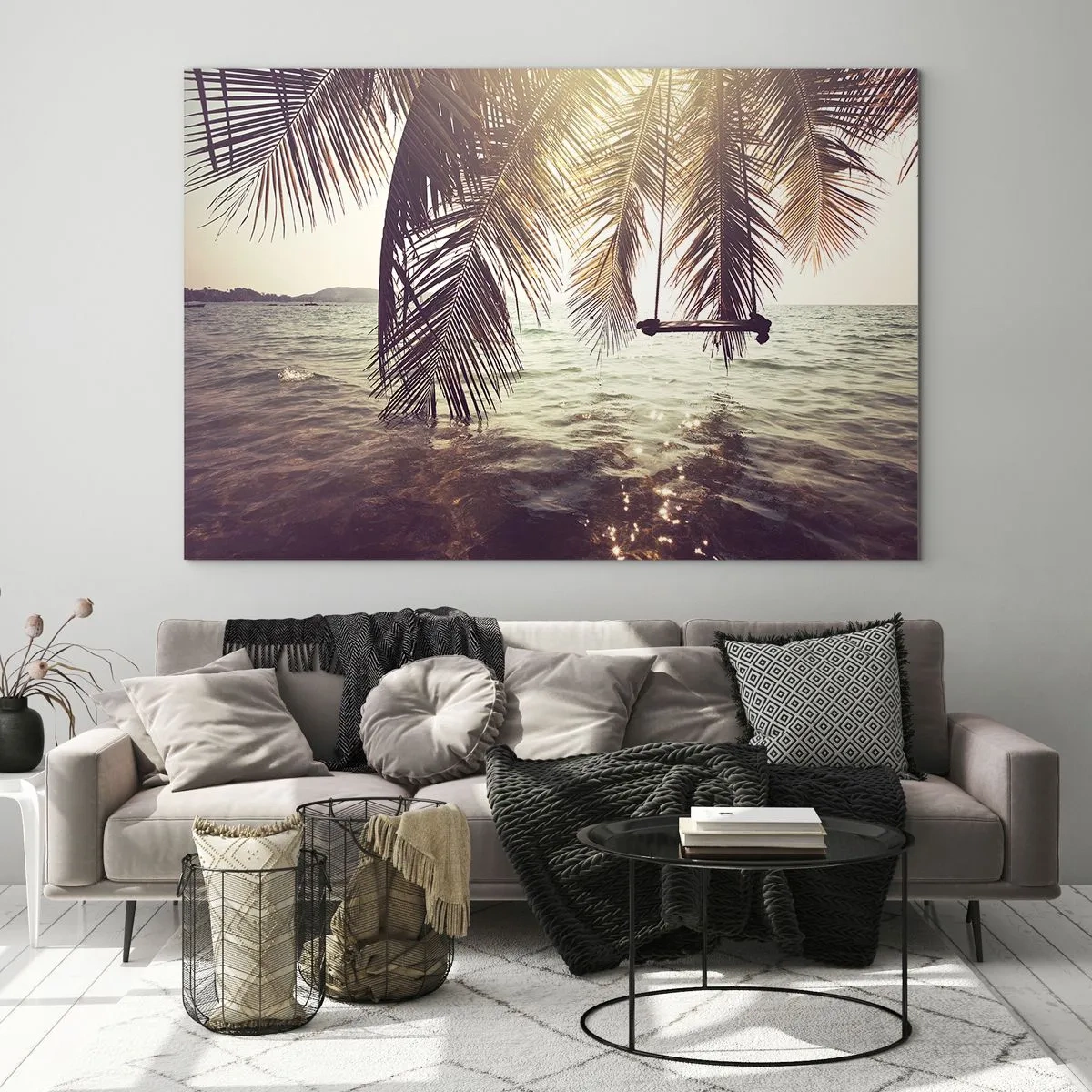 Quadro su vetro - Una spiaggia con palme e un'altalena su un mare calmo - 100x70cm - Si può dondolare tra le nuvole a volontà - Decorazione murale moderna per soggiorno e camera da letto ARTTOR