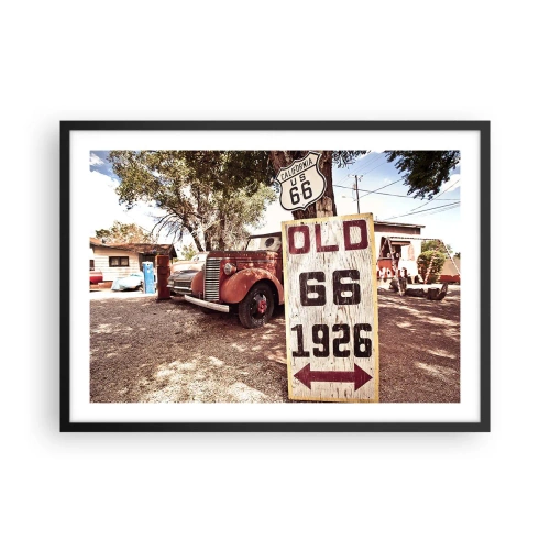 Poster in cornice nera - Auto retrò e cartello della Route 66 in un ambiente rustico - 70x50cm - La leggenda della provincia americana - Decorazione murale moderna per soggiorno e camera da letto ARTTOR