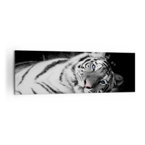 Quadro su tela - Stampe su Tela - Una tigre bianca artisticamente raffigurata su uno sfondo nero - 160x50cm - Selvaggità e pace - Decorazione murale moderna per soggiorno e camera da letto ARTTOR