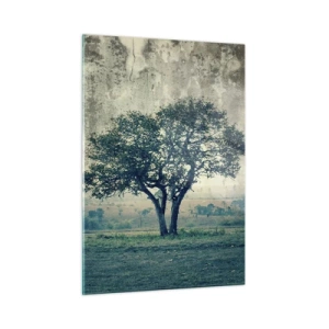 Quadro su vetro - Un albero solitario in un paesaggio d'epoca - 50x70cm - Un melo su un prato blu? - Decorazione murale moderna per soggiorno e camera da letto ARTTOR