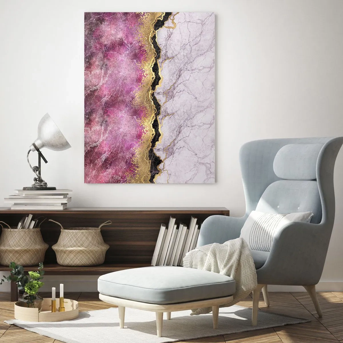 Quadro su vetro - Marmo astratto nei toni del rosa con accenti dorati - 70x100cm - Sul confine - Decorazione murale moderna per soggiorno e camera da letto ARTTOR
