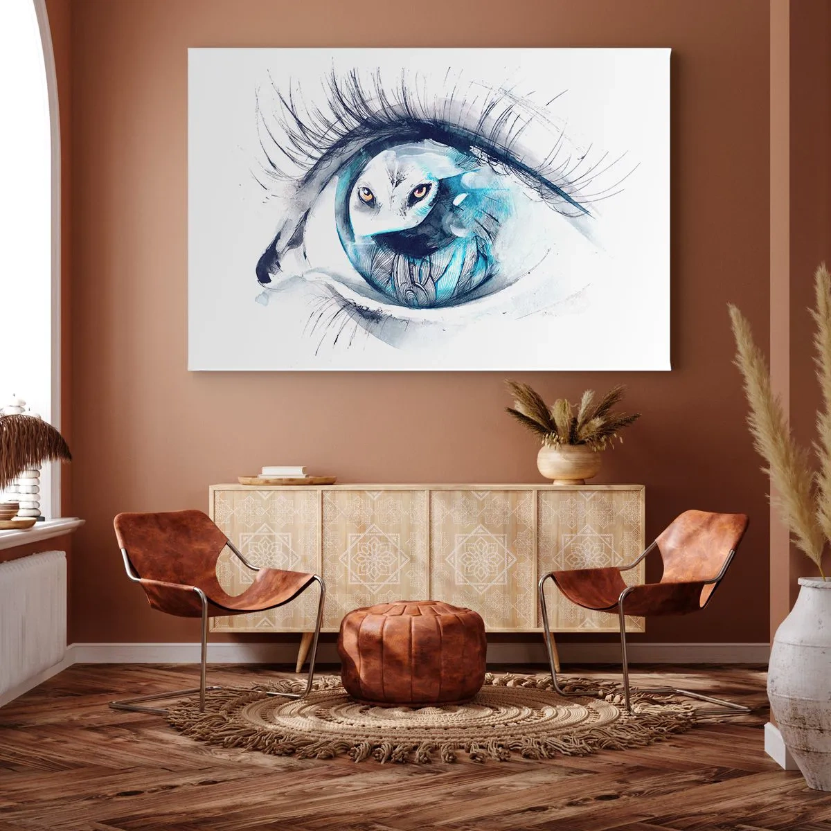 Quadro su tela - Stampe su Tela - Un occhio con l'immagine di un gufo in tonalità di blu acquerellate - 100x70cm - Faccia a faccia con la natura selvaggia - Decorazione murale moderna per soggiorno e camera da letto ARTTOR
