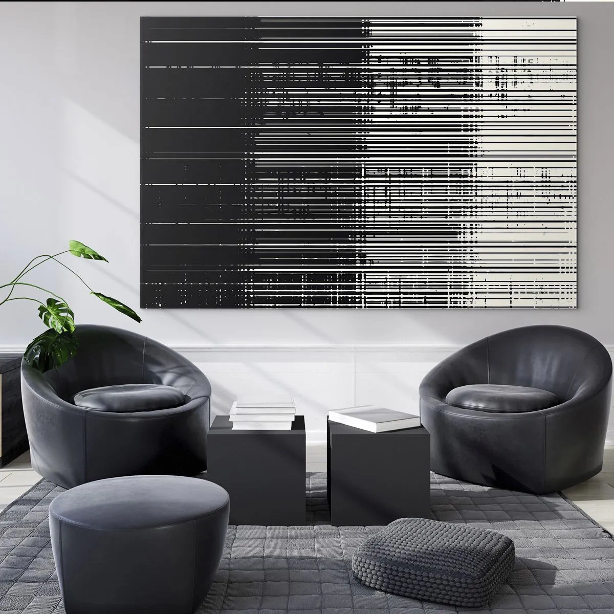 Quadro su vetro - Astrazione in bianco e nero con linee orizzontali che creano un gradiente - 70x50cm - Onde e vibrazioni - Decorazione murale moderna per soggiorno e camera da letto ARTTOR