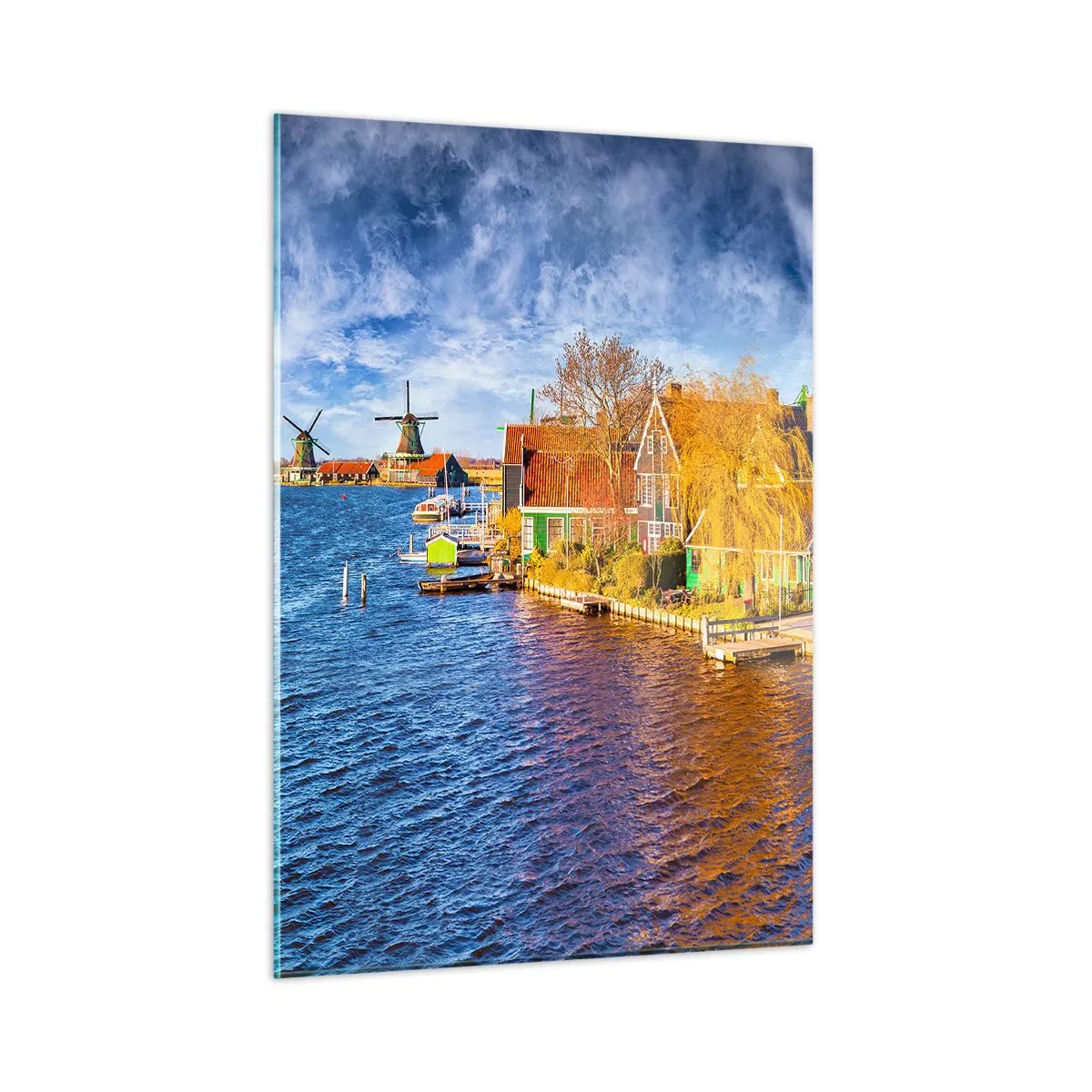 Quadro su vetro - Pittoresche case olandesi sul lungomare con mulini a vento - 50x70cm - Da secoli immutabile - Decorazione murale moderna per soggiorno e camera da letto ARTTOR