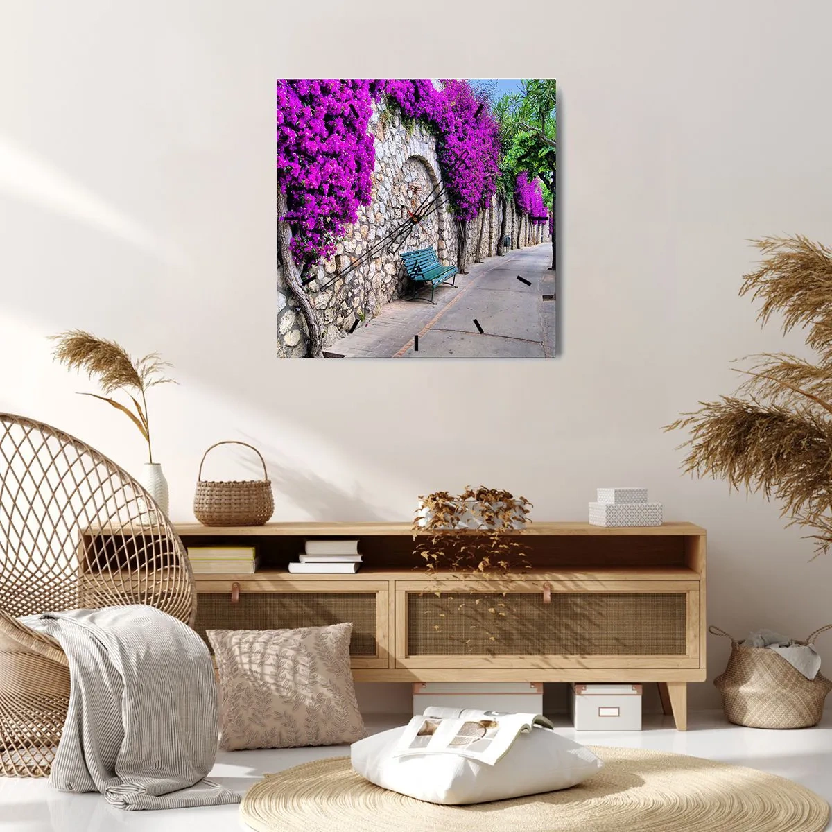 Orologio da parete - Orologio in Vetro - Un sentiero in pietra con una panchina e fiori viola in fiore - 30x30cm - Incontriamoci al più presto - Decorazione murale moderna per soggiorno e camera da letto ARTTOR