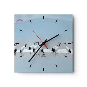 Orologio da parete - Orologio in Vetro - Un gruppo di gru contro un cielo azzurro e il sole nascente - 30x30cm - Dopo un giorno rovente - Decorazione murale moderna per soggiorno e camera da letto ARTTOR