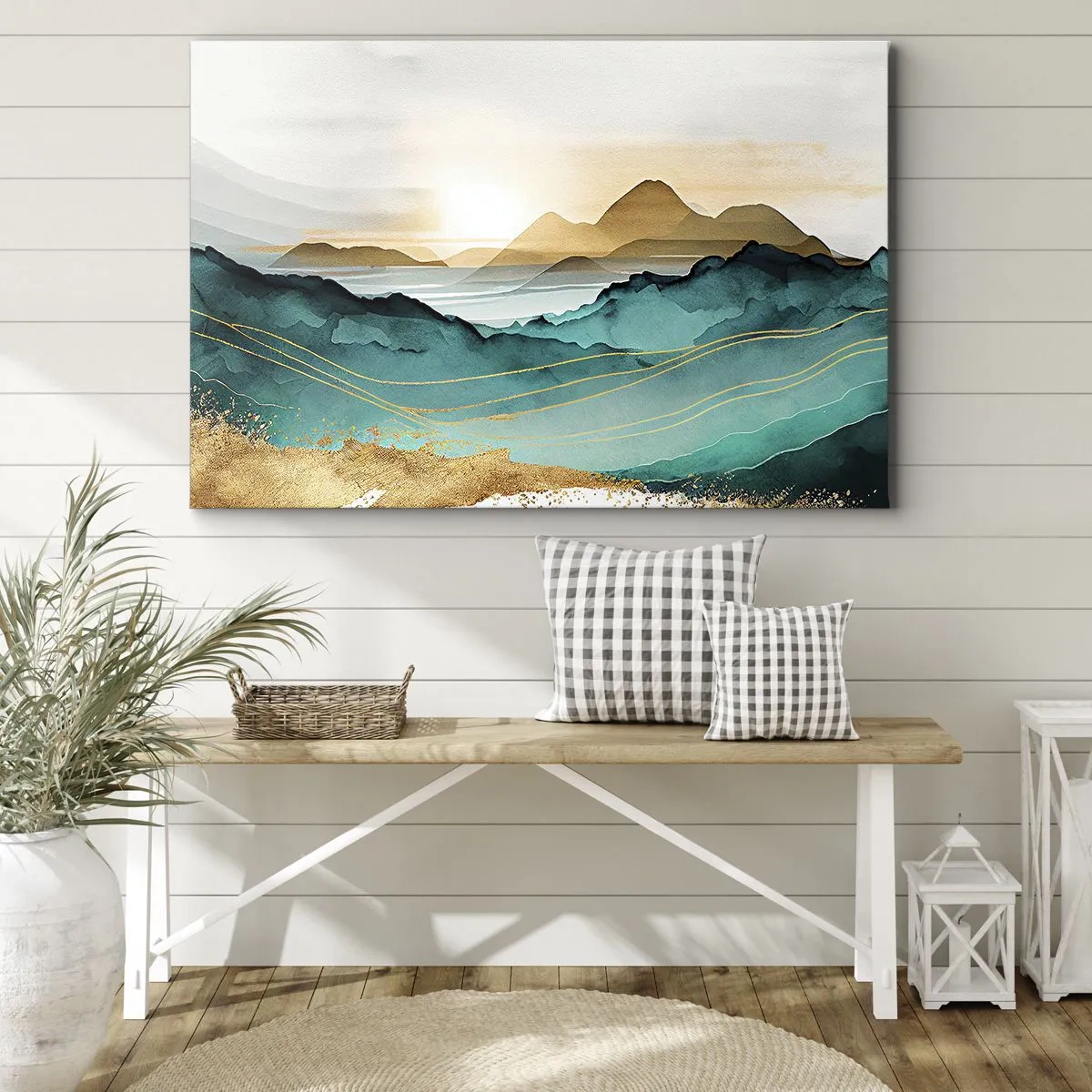 Quadro su tela - Stampe su Tela - Paesaggio astratto con montagne e accenti dorati - 120x80cm - Paesaggio ai confini dell'astrazione - Decorazione murale moderna per soggiorno e camera da letto ARTTOR