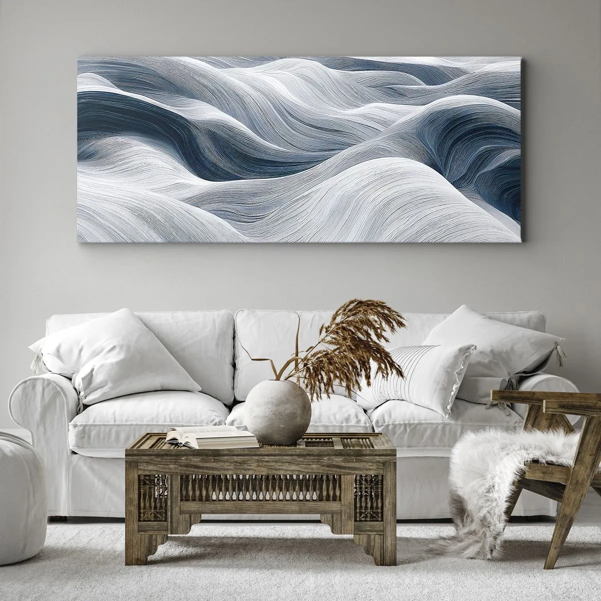 Quadro su tela - Stampe su Tela - Linee ondulate nei toni del blu e del bianco - 160x50cm - Onde bianche e blu - Decorazione murale moderna per soggiorno e camera da letto ARTTOR
