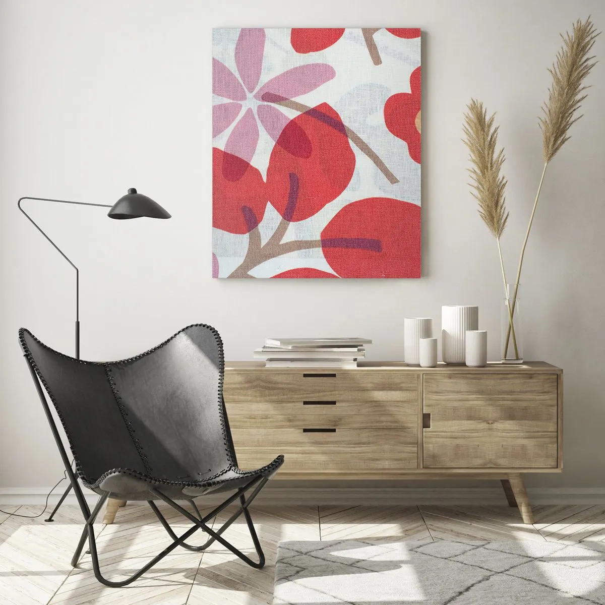 Quadro su vetro - Foglie e fiori rosa e rossi su uno sfondo chiaro - 50x70cm - Composizione di fiori in rosa - Decorazione murale moderna per soggiorno e camera da letto ARTTOR