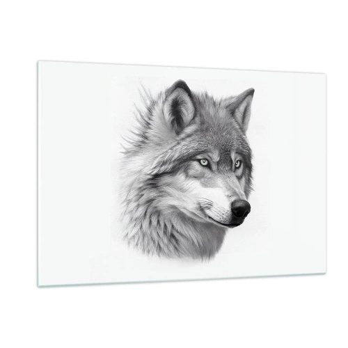 Quadro su vetro - Ritratto in bianco e nero di un lupo dallo sguardo penetrante - 120x80cm - Alfa, senza dubbio - Decorazione murale moderna per soggiorno e camera da letto ARTTOR