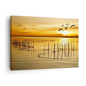 Quadro su tela - Stampe su Tela - Tramonto sull'acqua con uccelli in volo - 70x50cm - Alla pesca - Decorazione murale moderna per soggiorno e camera da letto ARTTOR