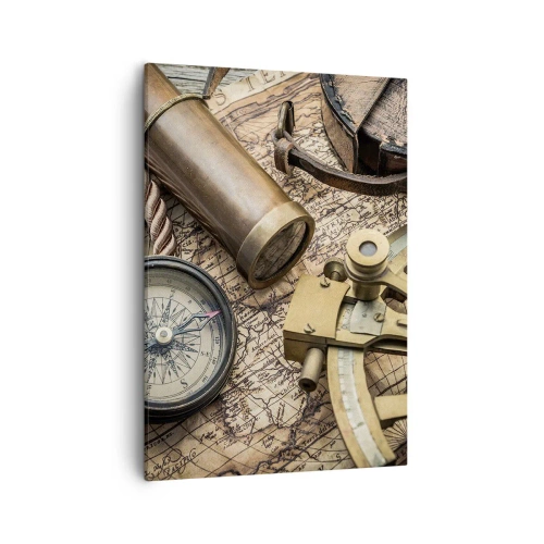 Quadro su tela - Stampe su Tela - Una bussola, un sestante e un telescopio sullo sfondo di una vecchia mappa e di una corda nautica. - 50x70cm - Traccia la rotta - Decorazione murale moderna per soggiorno e camera da letto ARTTOR