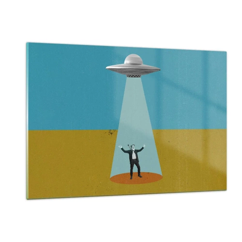 Quadro su vetro - Un uomo alla luce di un disco spaziale su uno sfondo colorato - 120x80cm - Incontro ravvicinato - Decorazione murale moderna per soggiorno e camera da letto ARTTOR