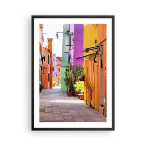 Poster in cornice nera - Una strada colorata con piante e facciate di edifici vivaci - 50x70cm - Angolo multicolore - Decorazione murale moderna per soggiorno e camera da letto ARTTOR