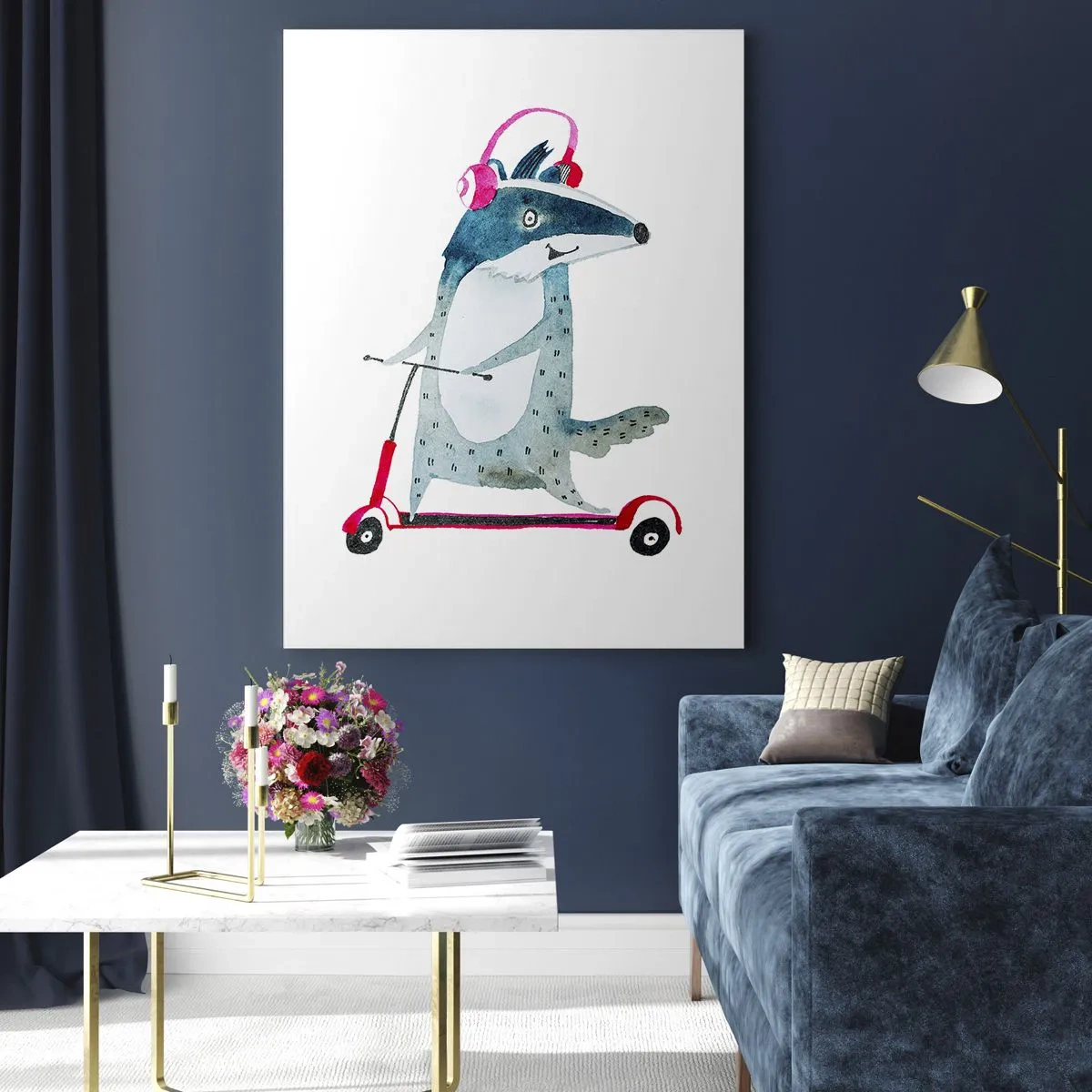 Quadro su vetro - Tasso su uno scooter con cuffie rosa - 70x100cm - Tassi di gioia - Decorazione murale moderna per soggiorno e camera da letto ARTTOR