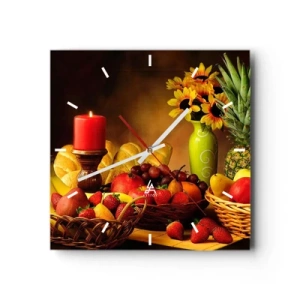 Orologio da parete - Orologio in Vetro - Natura morta con frutta, pane, candela e fiori - 30x30cm - Natura morta con pane e frutta - Decorazione murale moderna per soggiorno e camera da letto ARTTOR