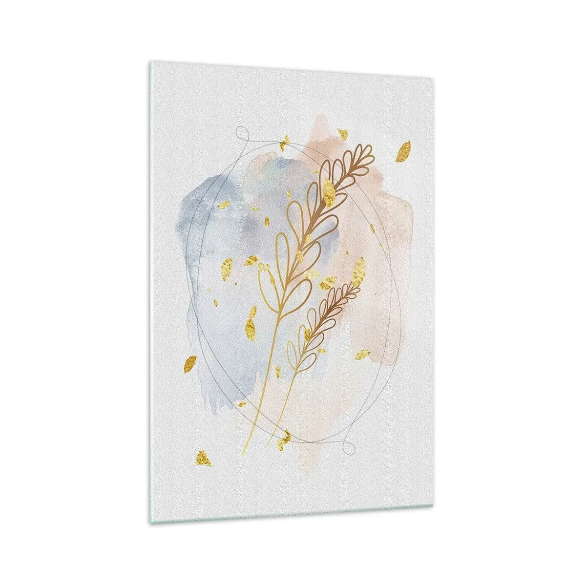 Quadro su vetro - Un delicato motivo a foglia dorata su uno sfondo pastello con dettagli acquerellati. - 70x100cm - Soffio d'oro - Decorazione murale moderna per soggiorno e camera da letto ARTTOR
