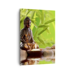 Quadro su tela - Stampe su Tela - Figura di Buddha con pietre e una candela su uno sfondo di bambù - 70x100cm - La vita è bella - Decorazione murale moderna per soggiorno e camera da letto ARTTOR