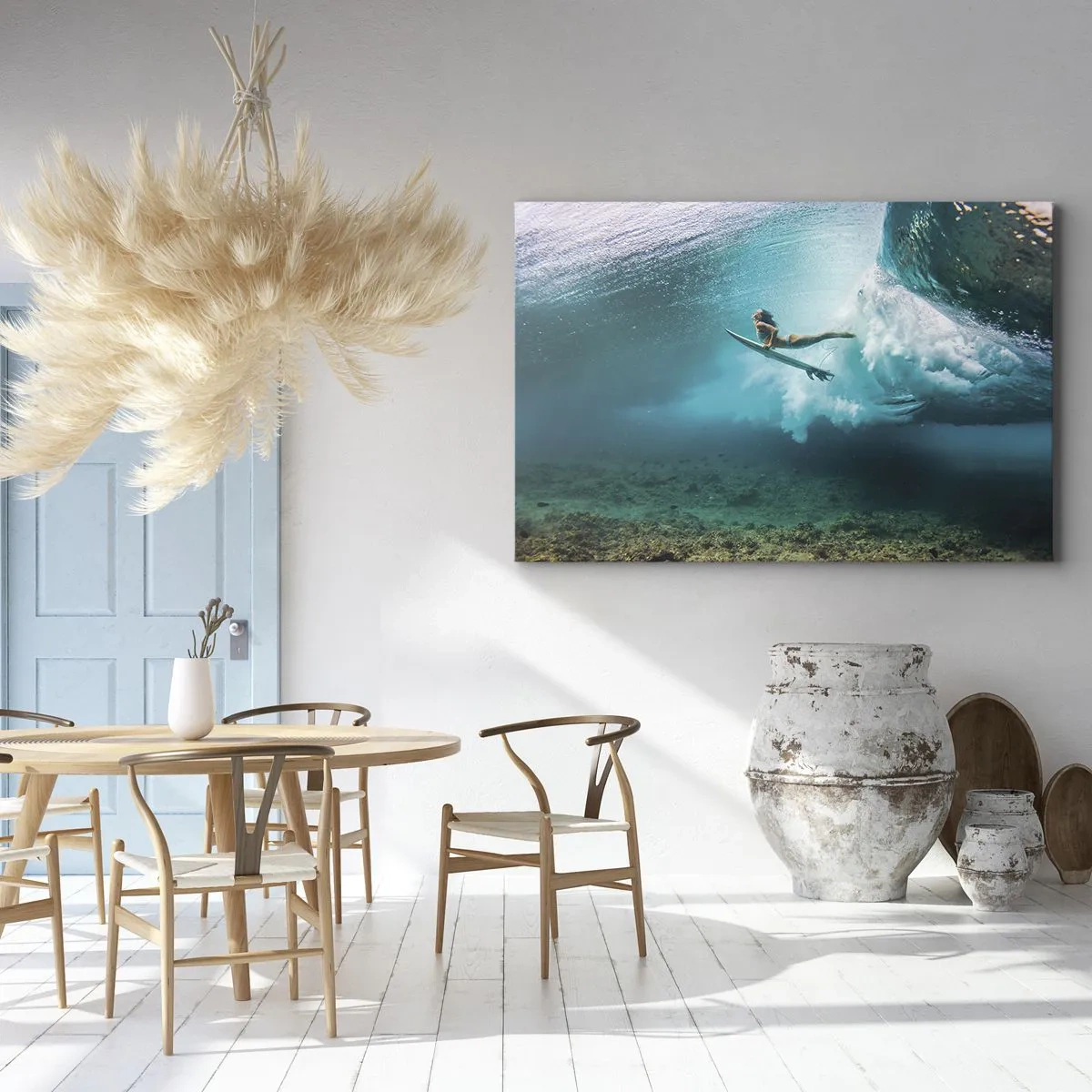 Quadro su tela - Stampe su Tela - Surfista sotto un'onda nell'acqua blu dell'oceano - 70x50cm - Mondo subacqueo - Decorazione murale moderna per soggiorno e camera da letto ARTTOR