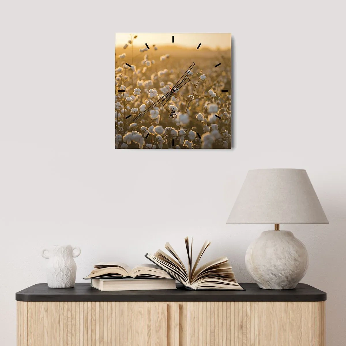 Orologio da parete - Orologio in Vetro - Un campo di cotone nella calda luce del sole al tramonto - 30x30cm - Campo di morbidezza - Decorazione murale moderna per soggiorno e camera da letto ARTTOR