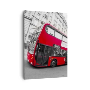Quadro su tela - Stampe su Tela - Un autobus rosso di Londra contro una strada bianca e nera - 50x70cm - Londra tradizionalmente: by bus - Decorazione murale moderna per soggiorno e camera da letto ARTTOR