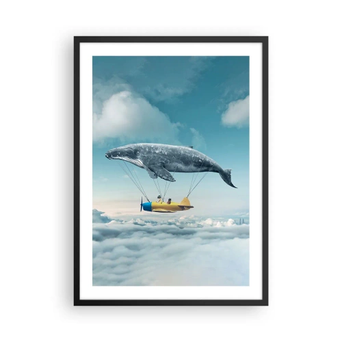 Poster in cornice nera - Una fantastica immagine di una balena che solleva un aereo sopra le nuvole. - 50x70cm - Perché no? - Decorazione murale moderna per soggiorno e camera da letto ARTTOR