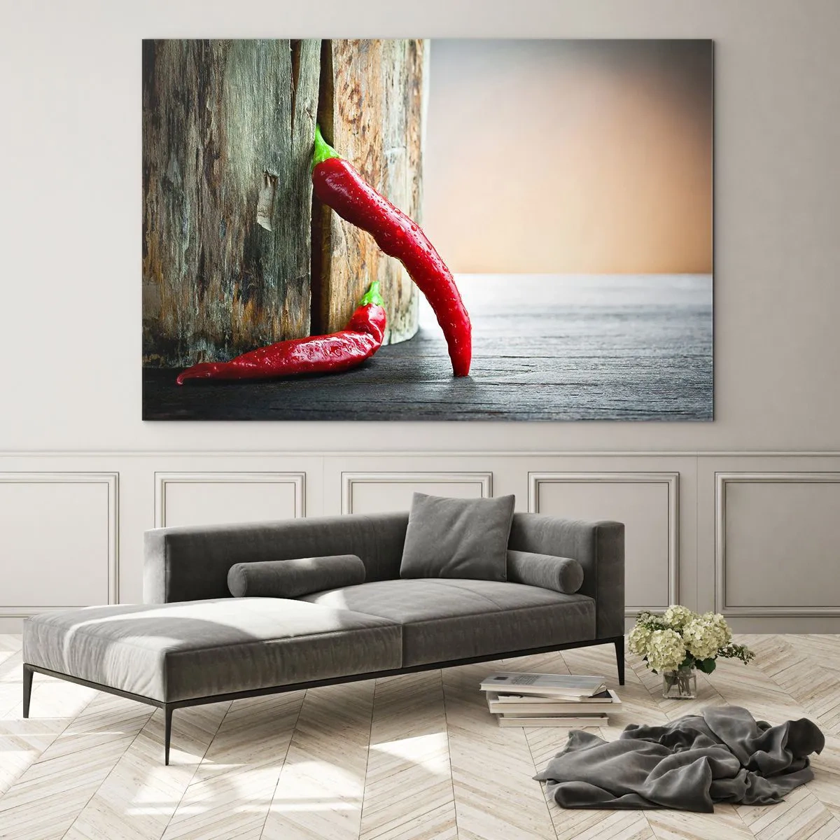 Quadro su vetro - Peperoncini rossi su uno sfondo di legno - 70x50cm - Red hot chili peppers - Decorazione murale moderna per soggiorno e camera da letto ARTTOR
