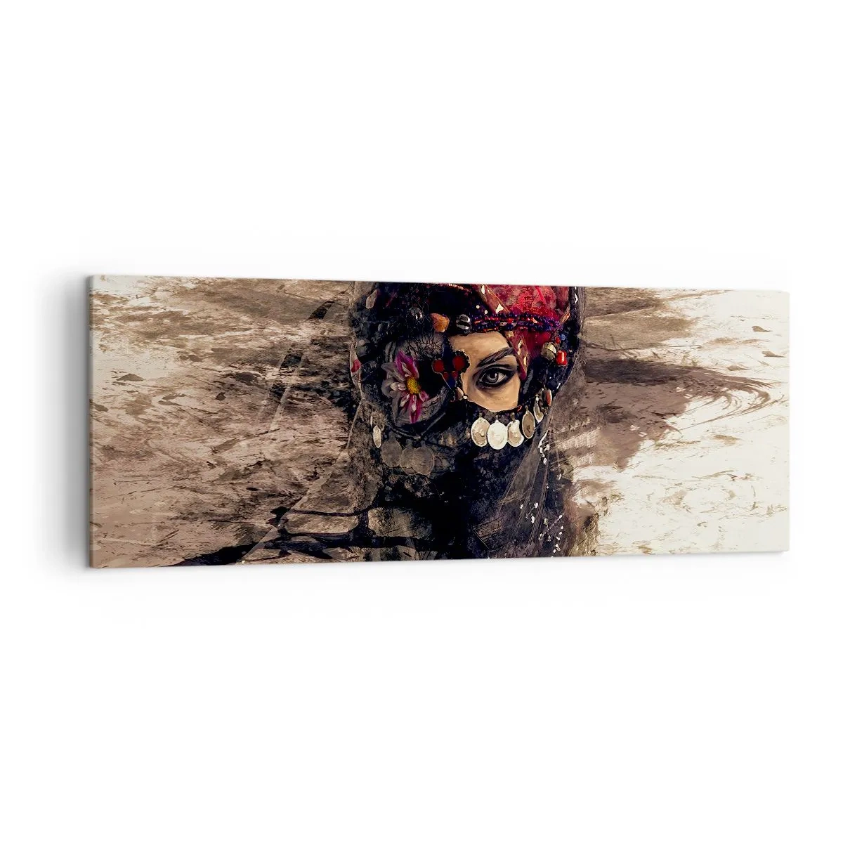 Quadro su tela - Stampe su Tela - Ritratto artistico di una donna in abiti orientali su uno sfondo astratto. - 140x50cm - Quantomeno inquietante - Decorazione murale moderna per soggiorno e camera da letto ARTTOR
