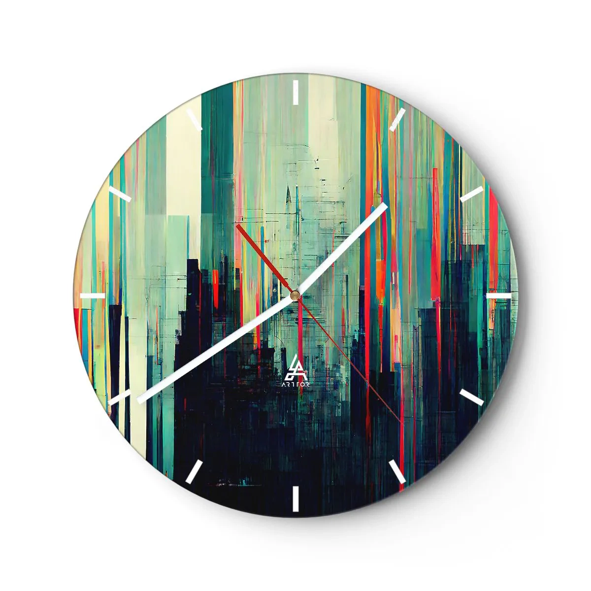 Orologio da parete - Orologio in Vetro - Un'astrazione colorata con linee verticali che ricordano una città - 30x30cm - Città futuristica - Decorazione murale moderna per soggiorno, cucina e camera da letto ARTTOR
