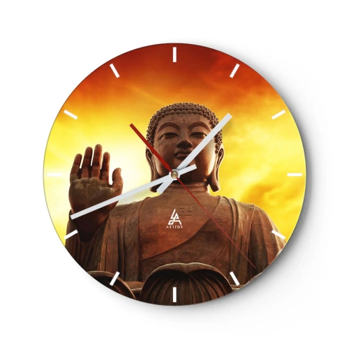 Orologio da parete - Orologio in Vetro - Statua del Buddha sullo sfondo del sole al tramonto - 30x30cm - La pace del mondo - Decorazione murale moderna per soggiorno, cucina e camera da letto ARTTOR