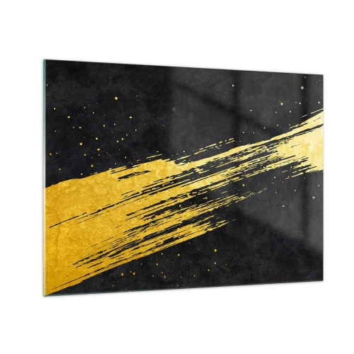 Quadro su vetro - Un pennello dorato su uno sfondo nero in una forma dinamica e astratta - 70x50cm - Salto nell'iperspazio - Decorazione murale moderna per soggiorno e camera da letto ARTTOR