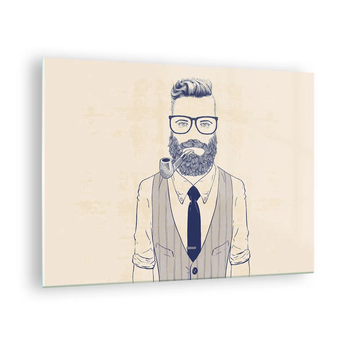 Quadro su vetro - Un uomo stilizzato con barba, occhiali e pipa su uno sfondo chiaro. - 70x50cm - Allegro, maschile e alla moda - Decorazione murale moderna per soggiorno e camera da letto ARTTOR