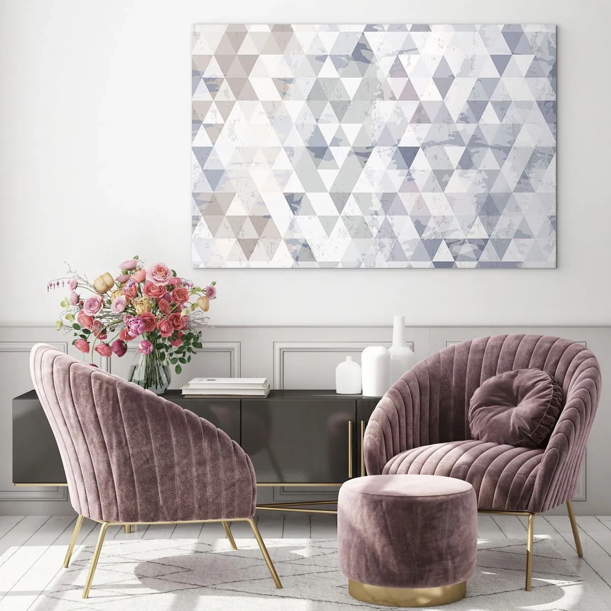 Quadro su vetro - Motivo geometrico a triangolo in tonalità neutre di grigio e beige - 70x50cm - Al ritmo di tre - Decorazione murale moderna per soggiorno e camera da letto ARTTOR