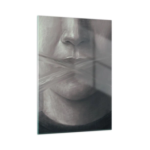 Quadro su vetro - Ritratto di una persona con le labbra macchiate in tonalità di grigio - 50x70cm - Neanche una parola - Decorazione murale moderna per soggiorno e camera da letto ARTTOR