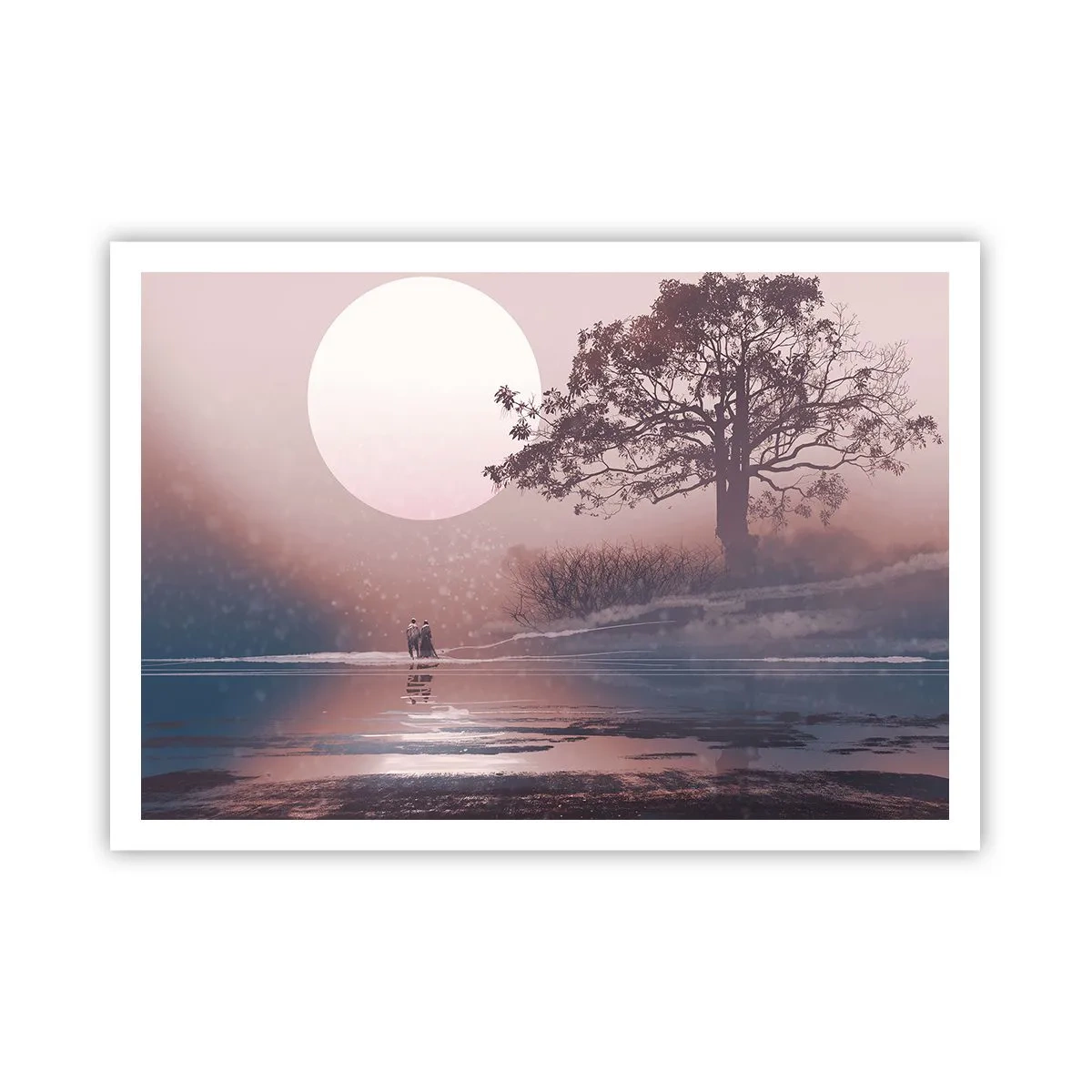 Poster - Scena romantica con la luna e un albero in riva all'acqua - 100x70cm - Meraviglie della notte - Decorazione murale moderna per soggiorno e camera da letto ARTTOR