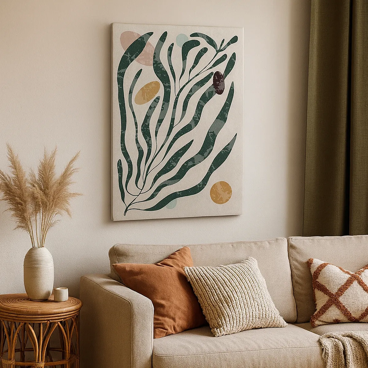 Quadro su tela - Stampe su Tela - Linee e forme organiche in verde e beige - 50x70cm - Tra il verde - Decorazione murale moderna per soggiorno e camera da letto ARTTOR