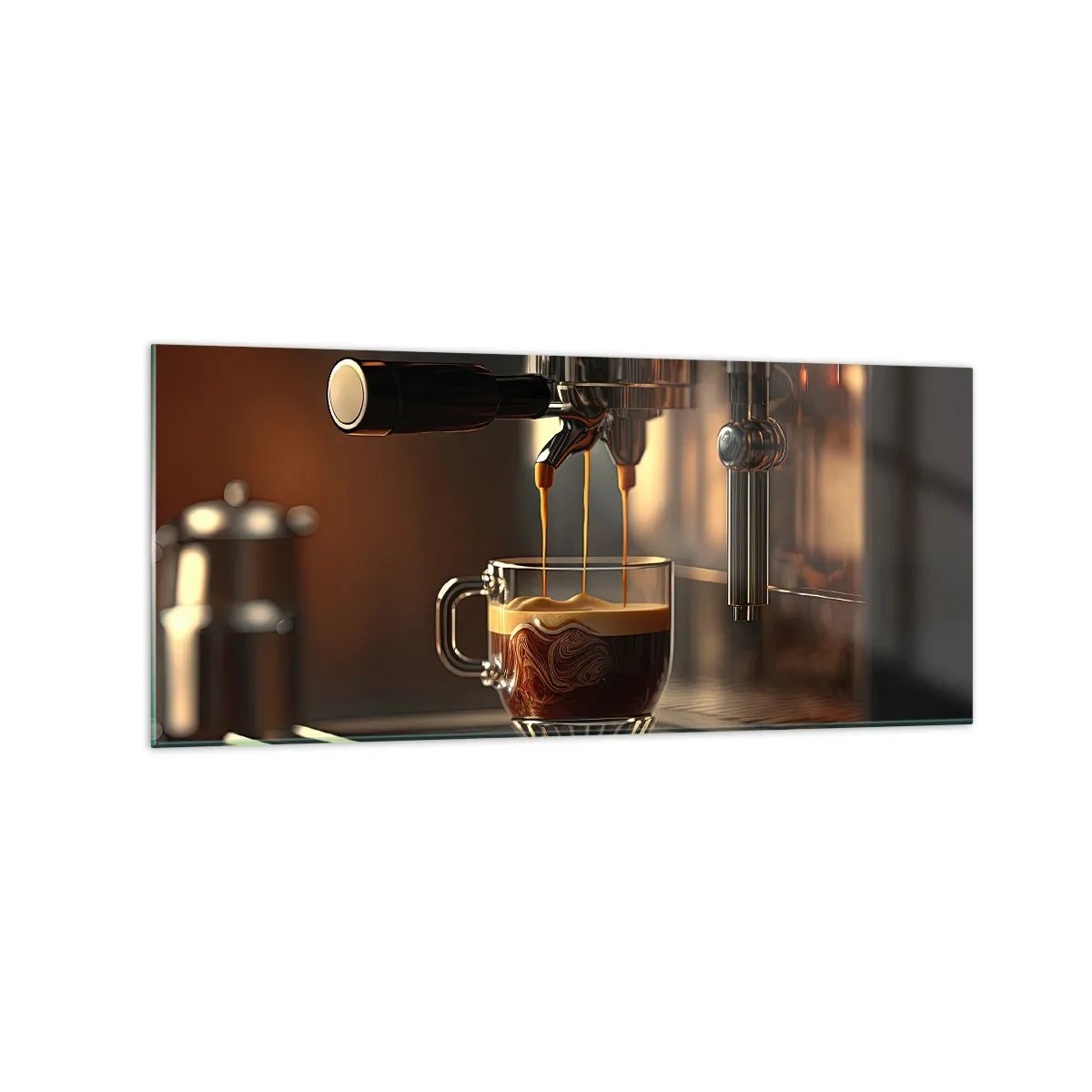 Quadro su vetro - Macchina da caffè con una tazza di espresso aromatico - 120x50cm - Miscela sensuale - Decorazione murale moderna per soggiorno e camera da letto ARTTOR