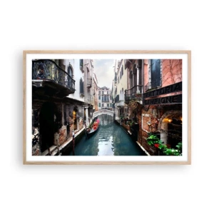 Poster in cornice rovere chiaro - Paesaggio veneziano con gondola e ponte - 91x61 cm